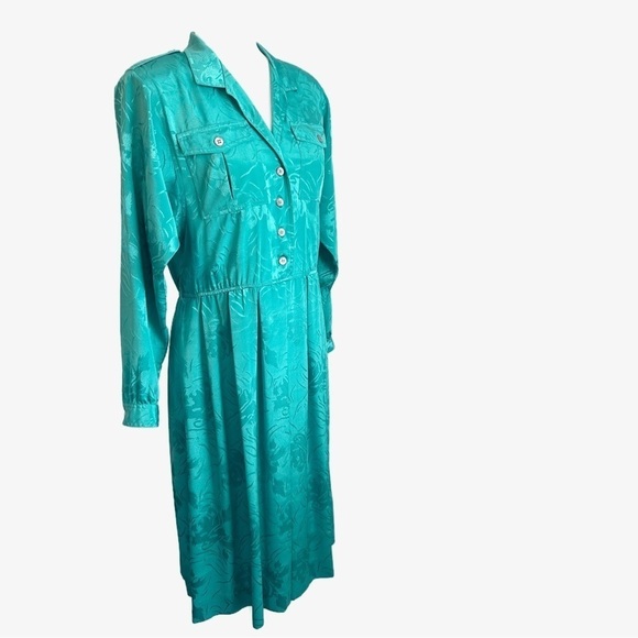 Vintage 80s Leslie Fay Teal Floral Embossed Jacquard Satin Pleated Shirt Dress - Picture 9 of 15